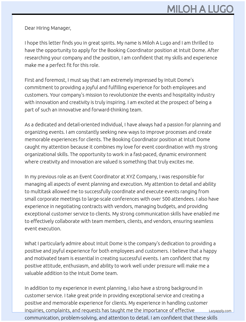 Booking Coordinator At Intuit Dome Cover Letter