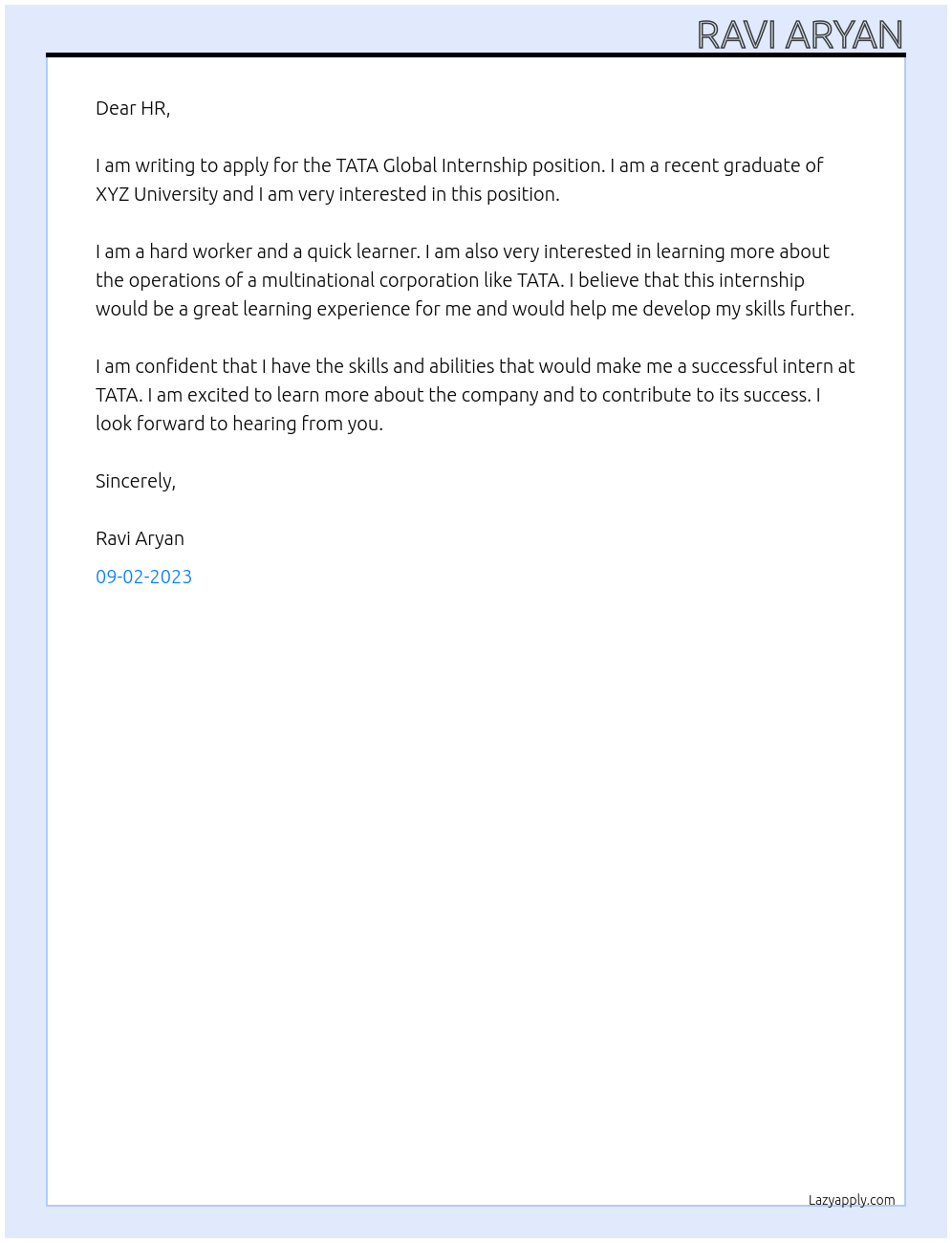 TATA GLOBAL INTERNSHIP At TATA GROUP Cover Letter