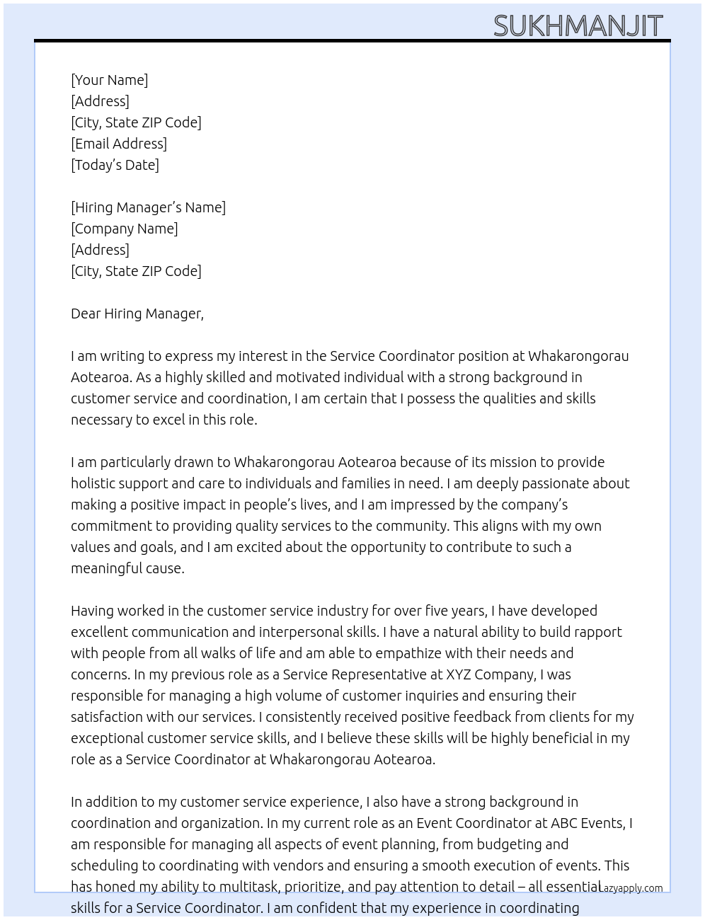 Service Coordinator  At Whakarongorau Aotearoa Cover Letter