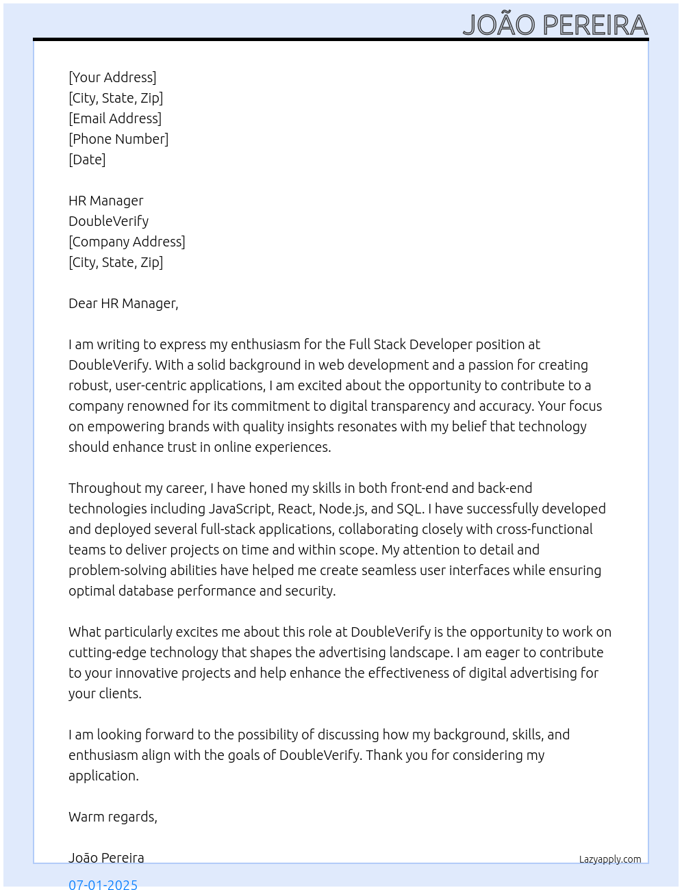 Full Stack Developer At DoubleVerify Cover Letter