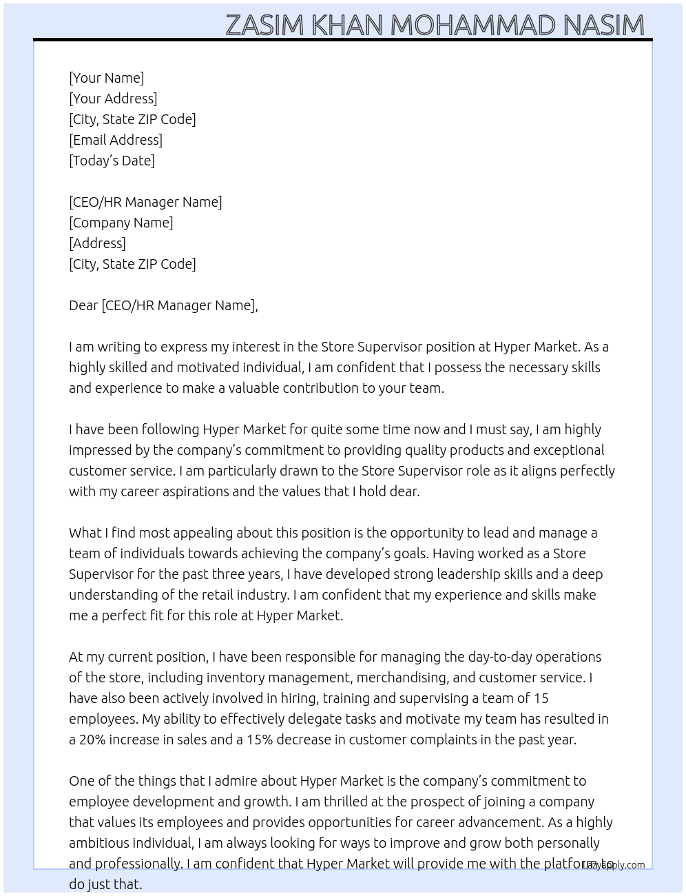 Store supervisor At Hyper market Cover Letter