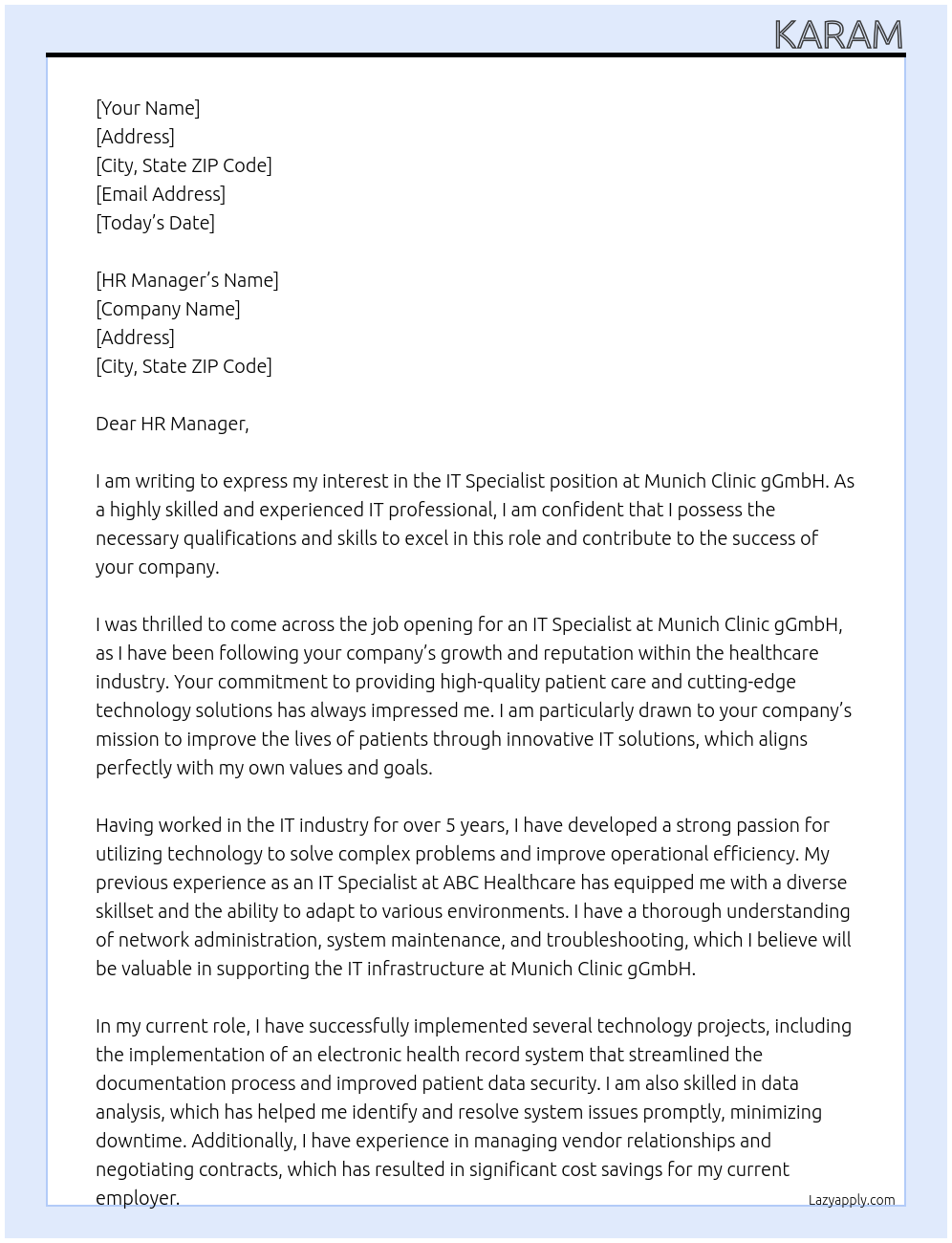 IT specialist At Munich Clinic gGmbH Cover Letter