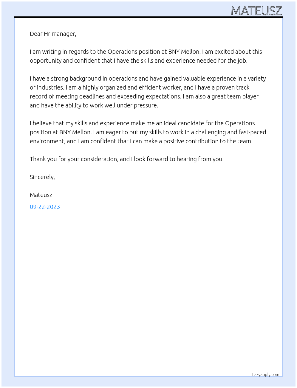 Operations At BNY Mellon Cover Letter