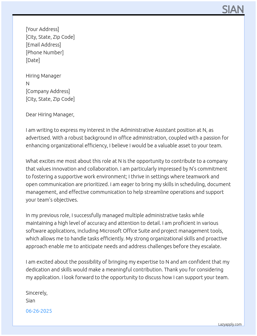 Administrative assistant At N Cover Letter