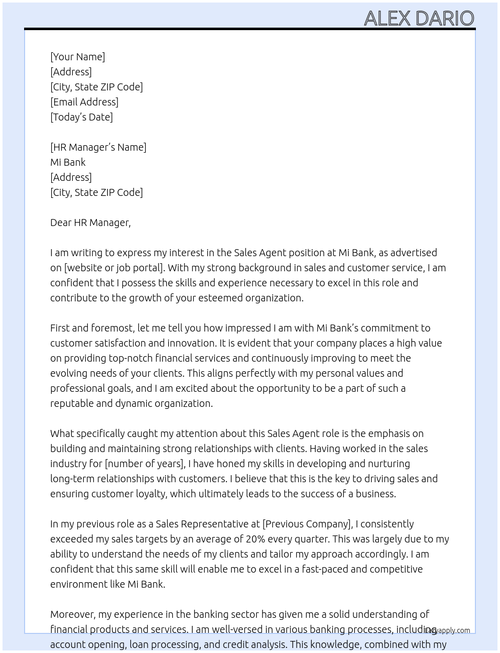 Sales Agent At Mi Bank Cover Letter