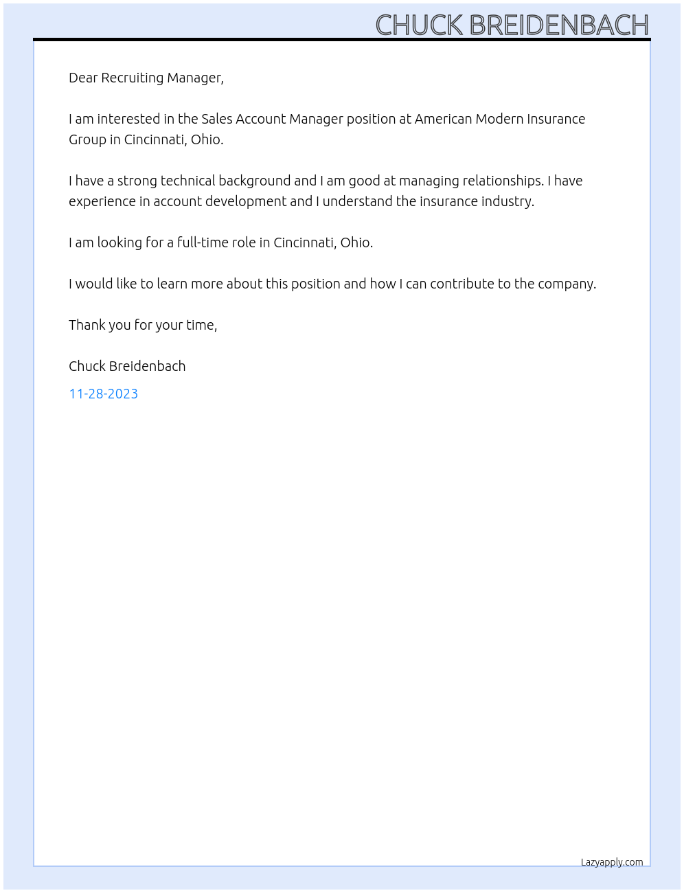 Sales Account Manager At American Modern Insurance Group - Cincinnati, Ohio Cover Letter