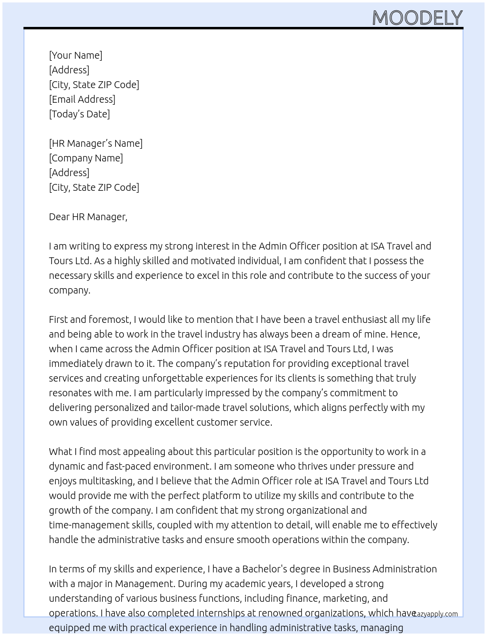 admin officer At ISA TRAVEL AND TOURS LTD Cover Letter