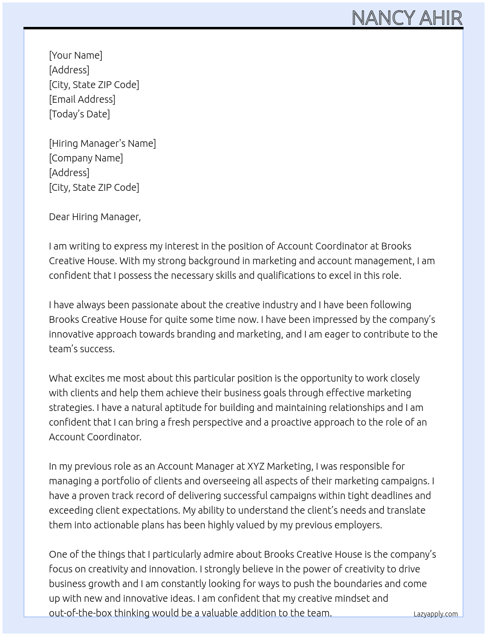 Account Coordinator At Brooks Creative House Cover Letter