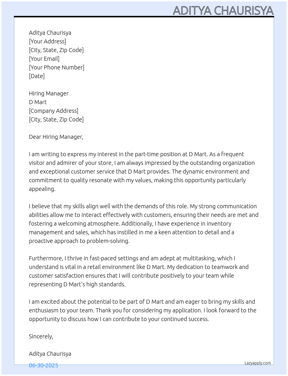 Cover letter for part time - LazyApply