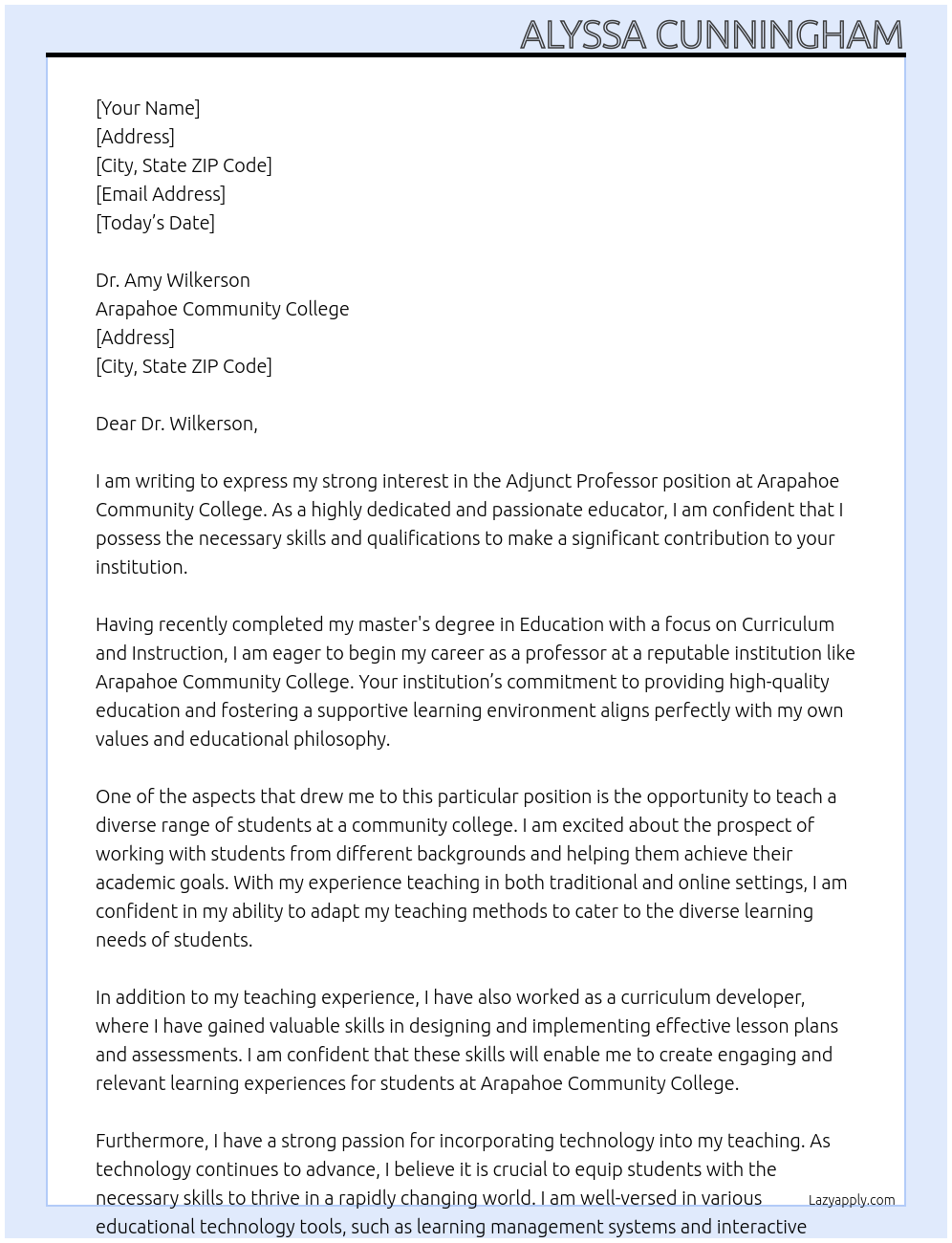 Adjunct Professor At Arapahoe Community College Cover Letter