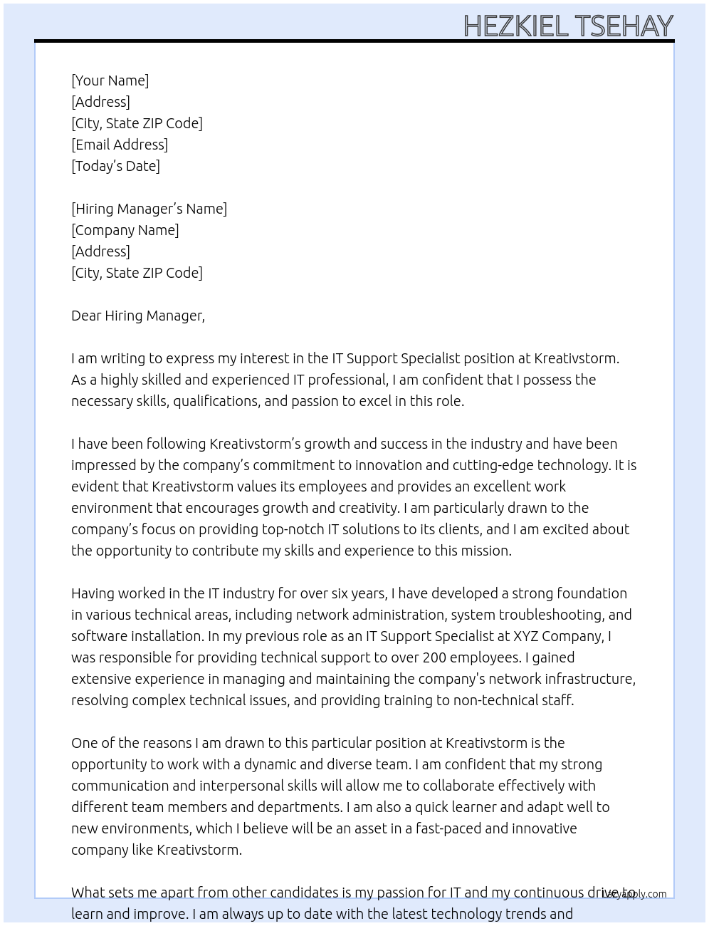 IT Support Specialist At Kreativstorm Cover Letter