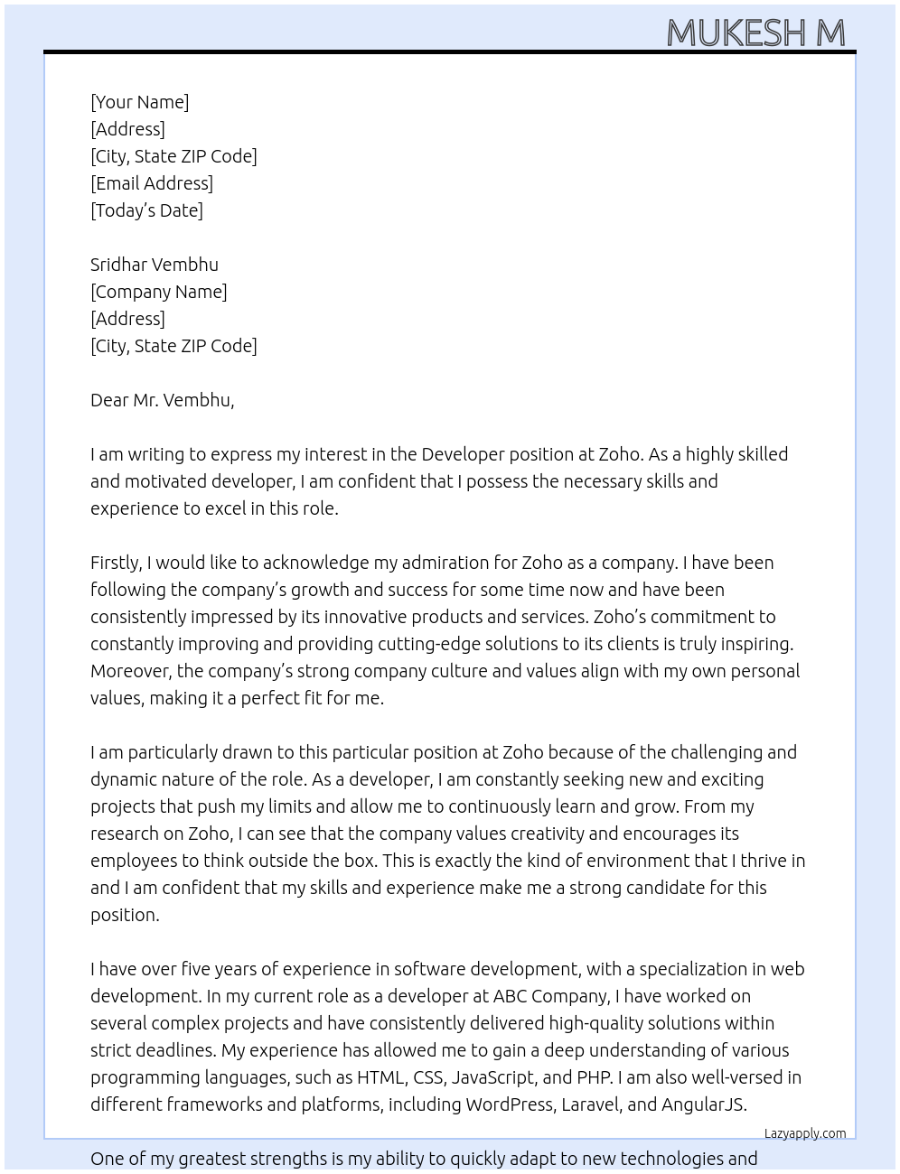 Developer At Zoho Cover Letter