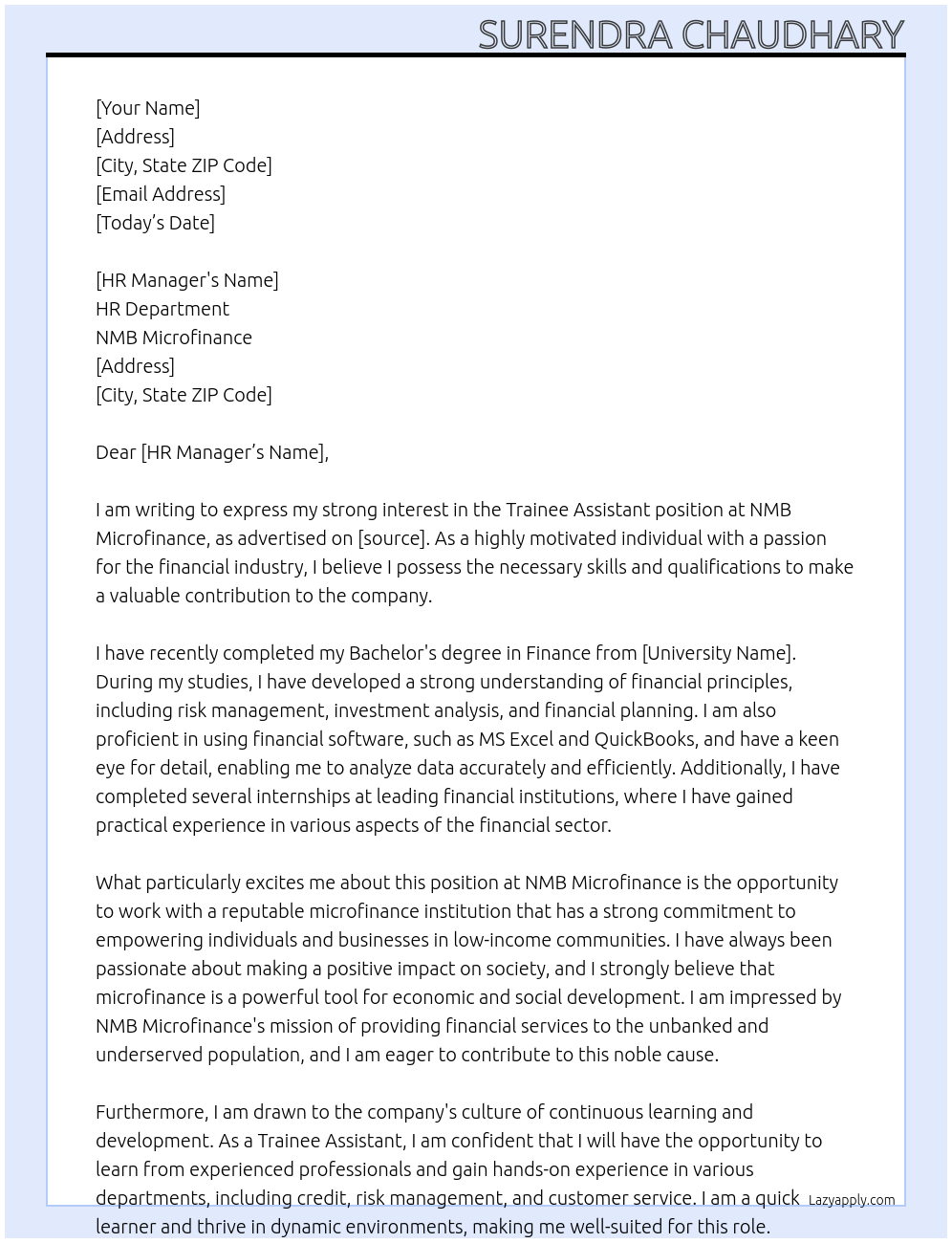 Trainee assistant At NMB MICROFINANCE Cover Letter