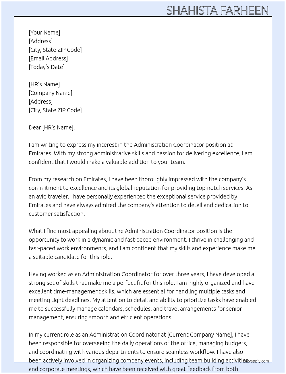 Administration coordinator At Emirates Cover Letter