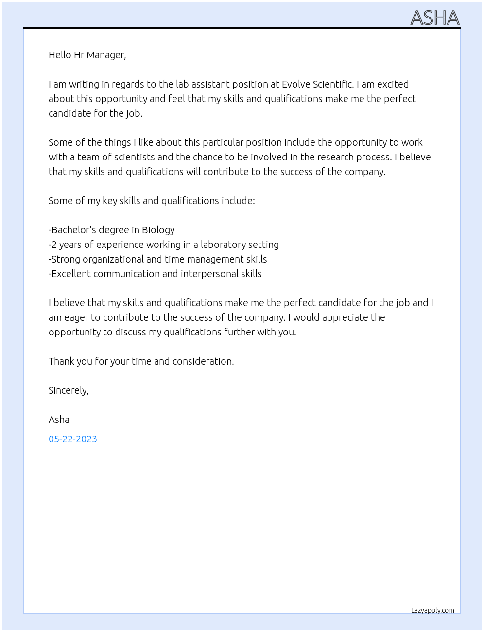 Lab assistant At Evolve scientific a nes firecroft company Cover Letter