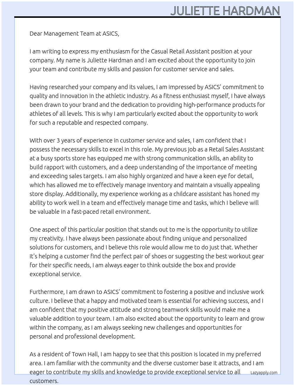 Casual Retail Assistant At ASICS Cover Letter