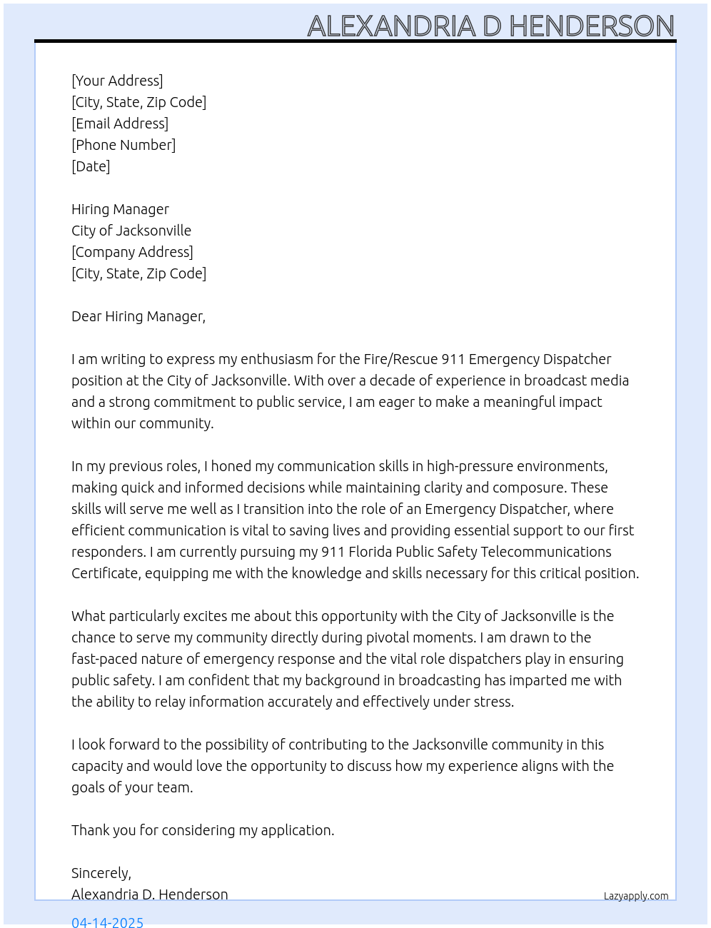 Cover letter for fire/rescue 911 emergency dispatcher/spe - LazyApply