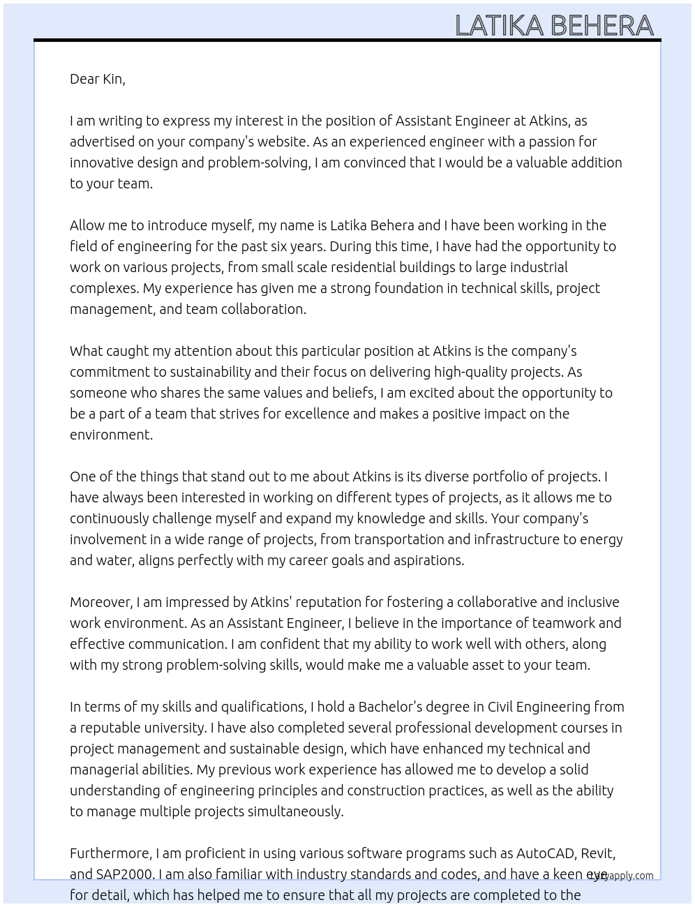 Assistant Engineer At Atkins Cover Letter