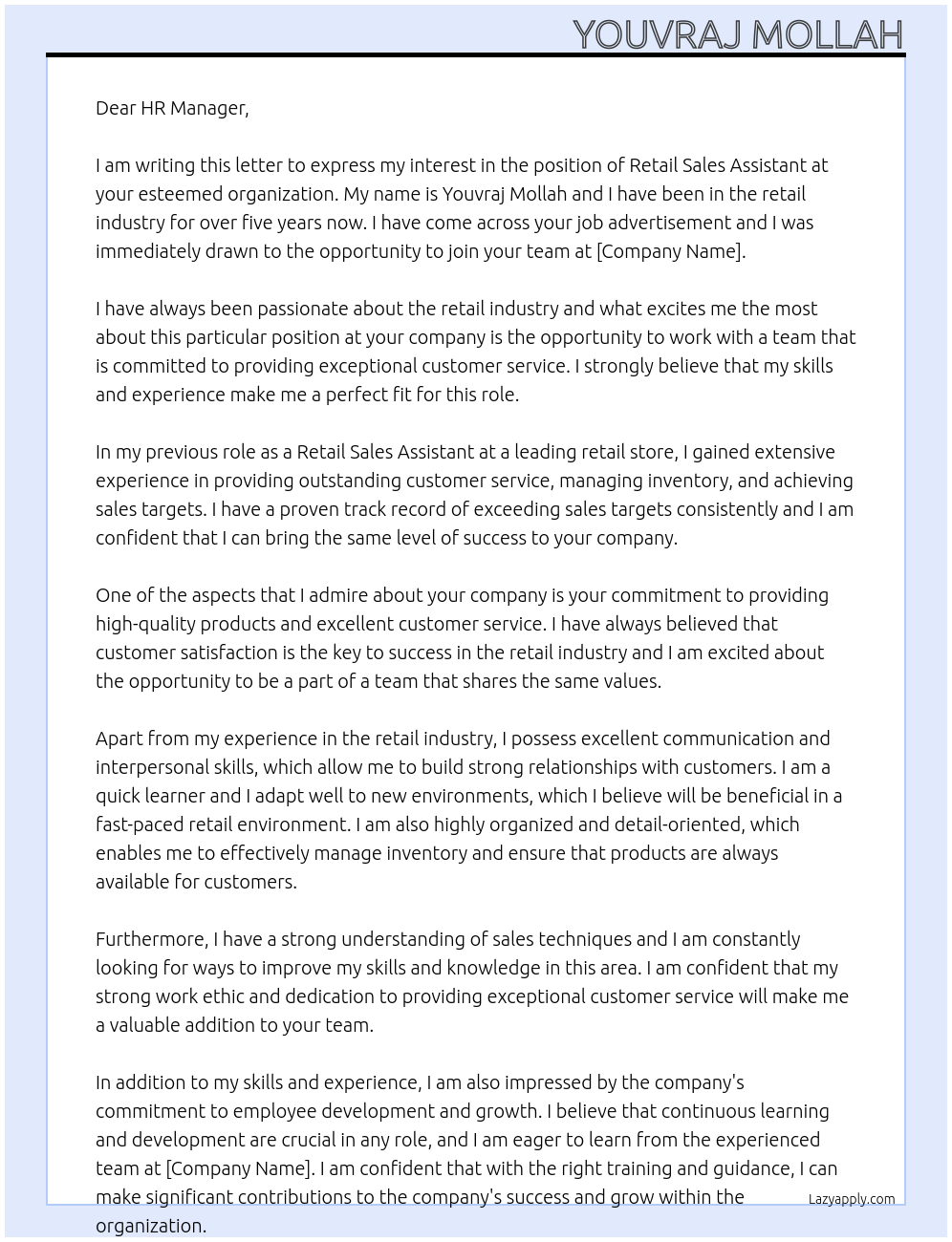 Retail sales assistant At Not mentioned Cover Letter