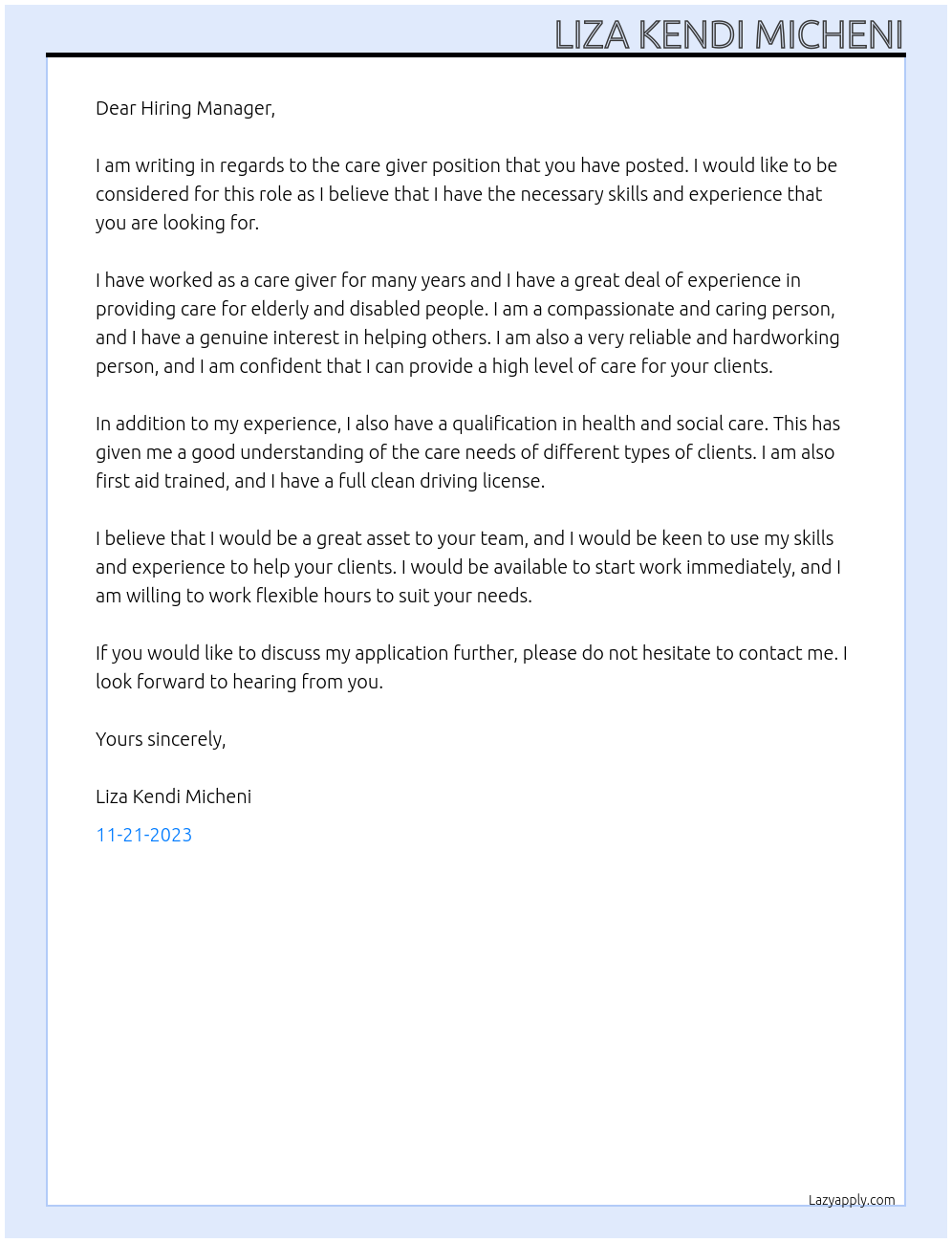 Care giver At Care homes Cover Letter