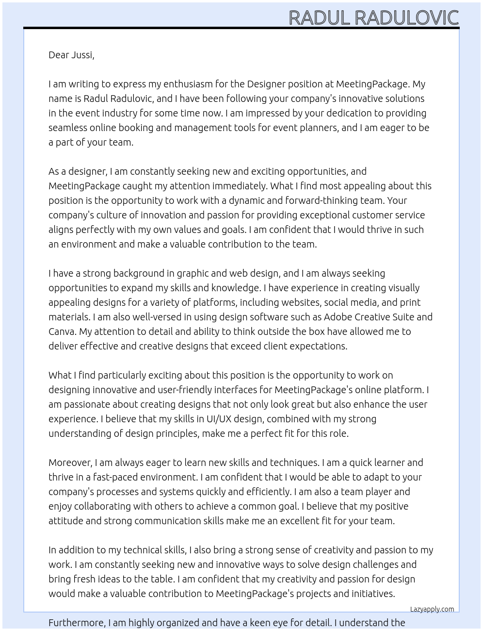 Designer At MeetingPackage Cover Letter