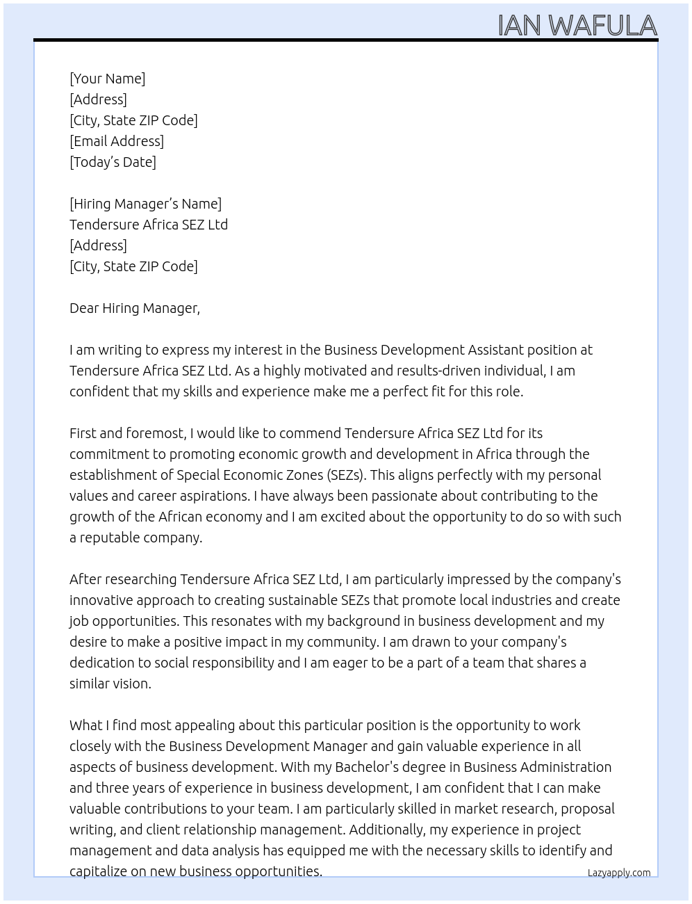 Business Development Assistant At  Tendersure Africa SEZ Ltd Cover Letter