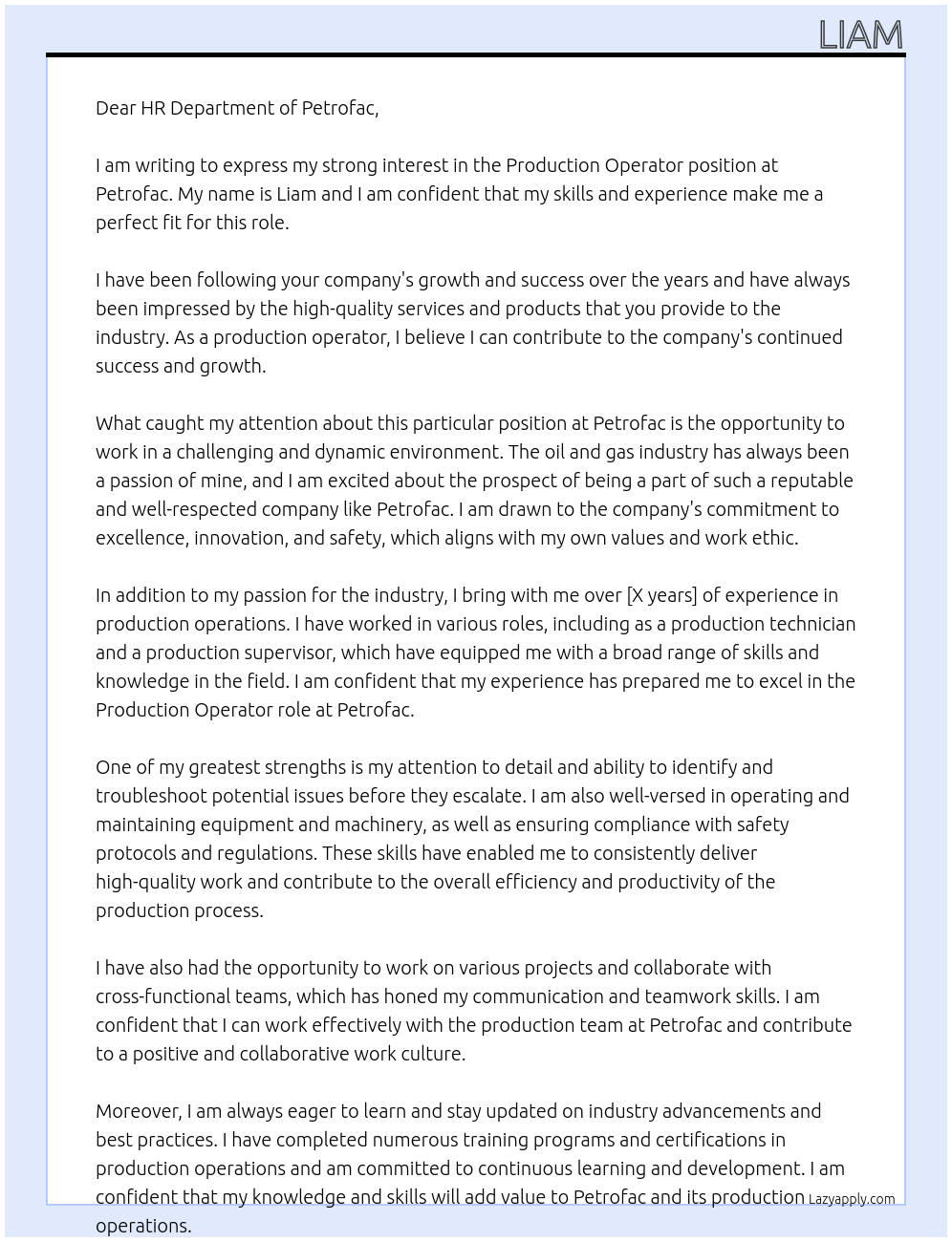 Production operator At petrofac Cover Letter