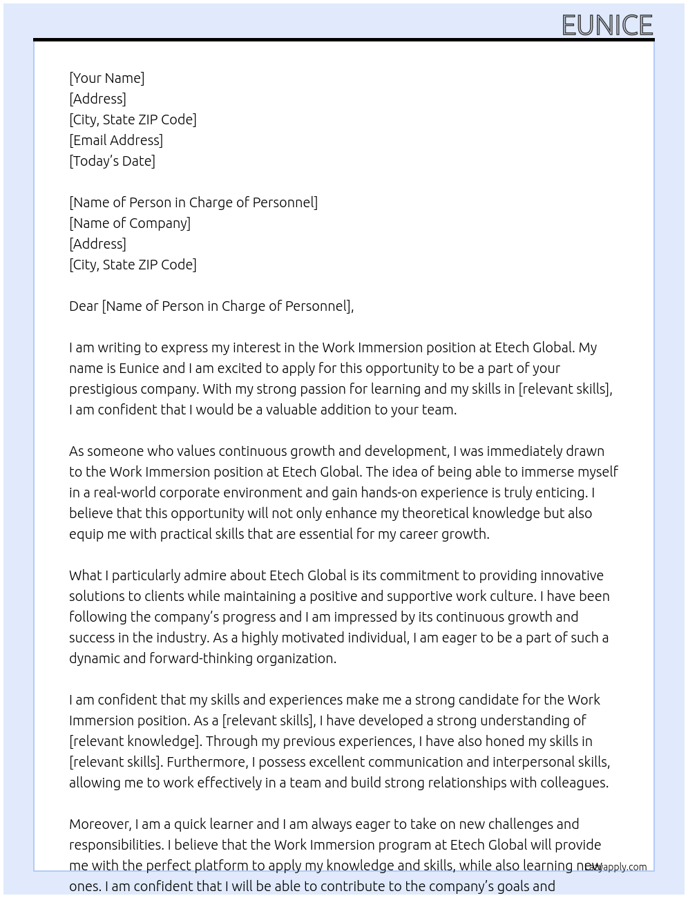 Work immersion At Etech global Cover Letter