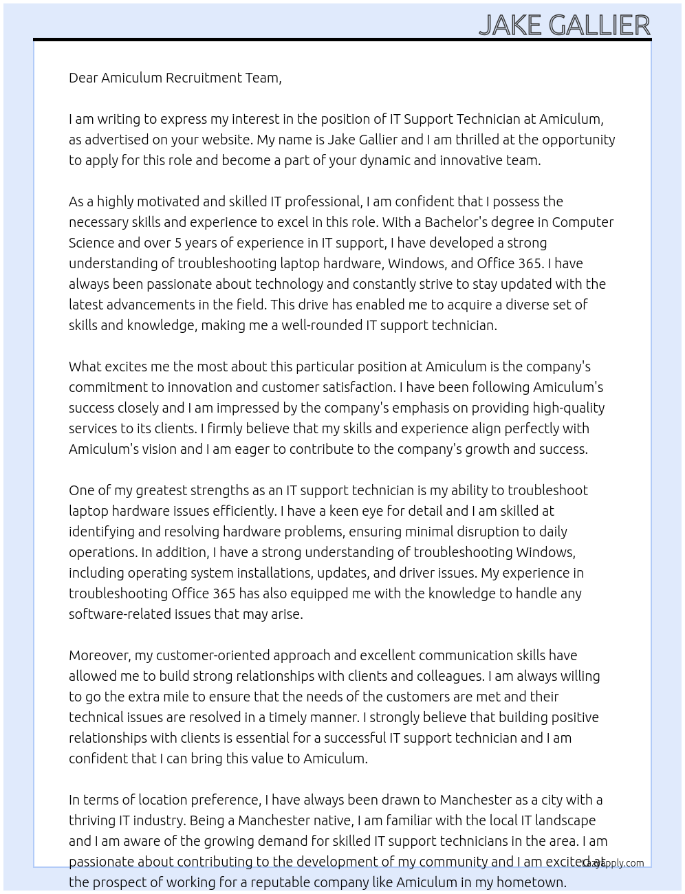 IT support technician At Amiculum Cover Letter