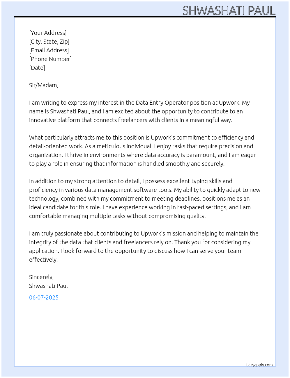 Data Entry  Operator At Upwork Cover Letter