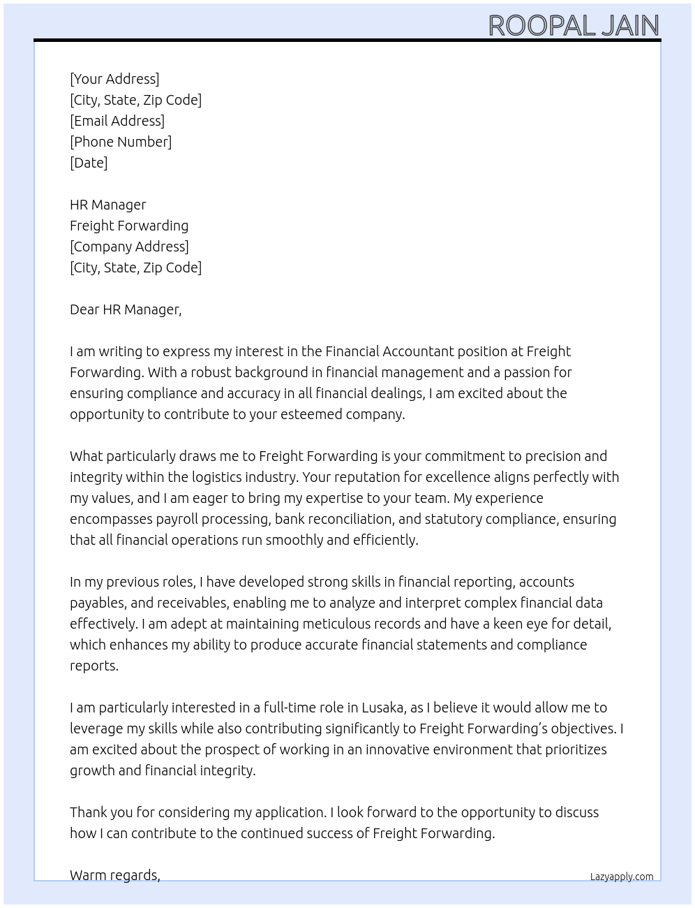 Financial Accountant At Freight Forwarding Cover Letter