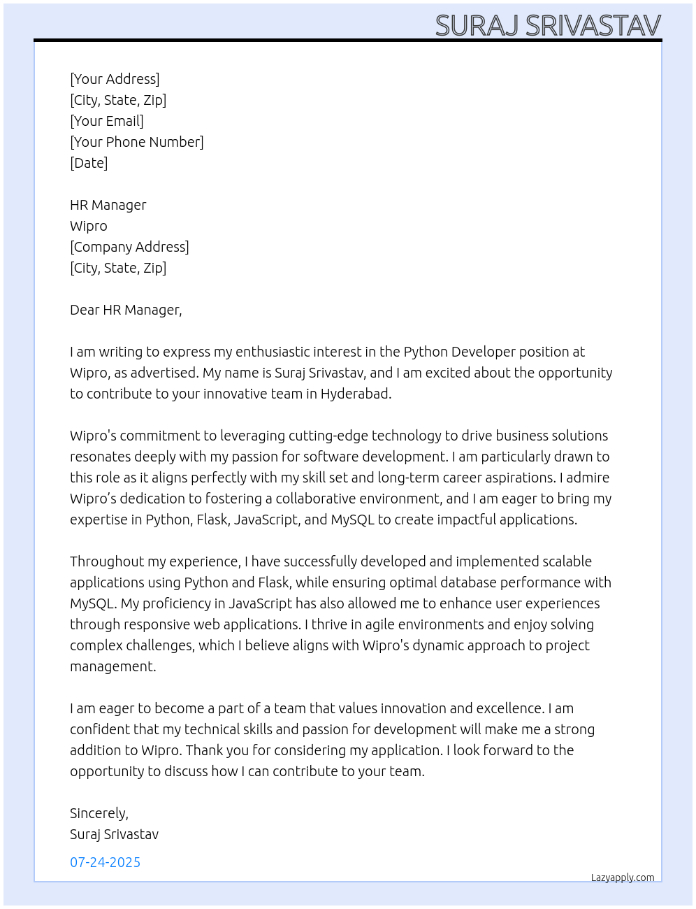 Python Developer At Wipro Cover Letter