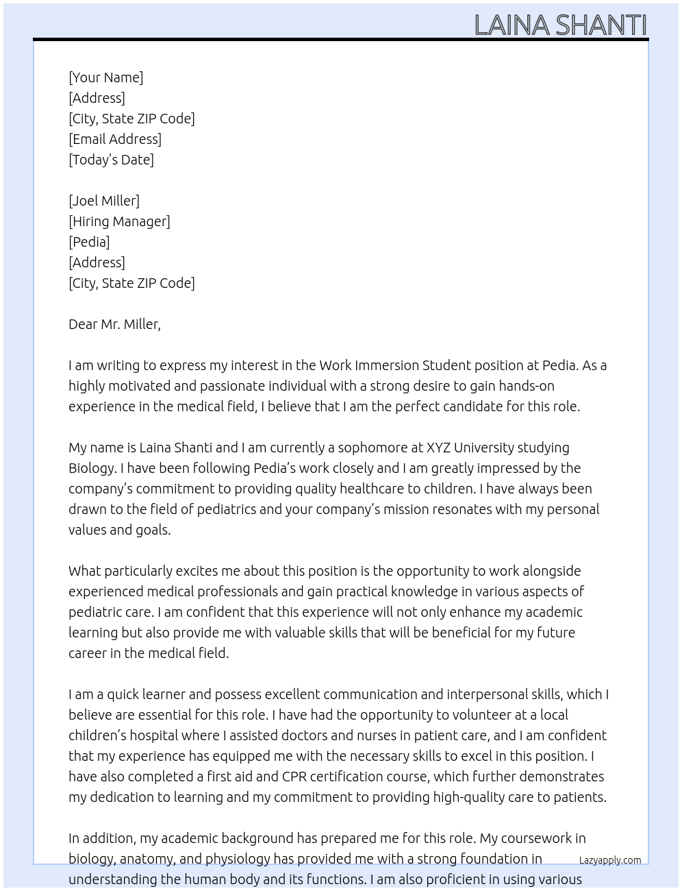 work immersion student At pedia Cover Letter