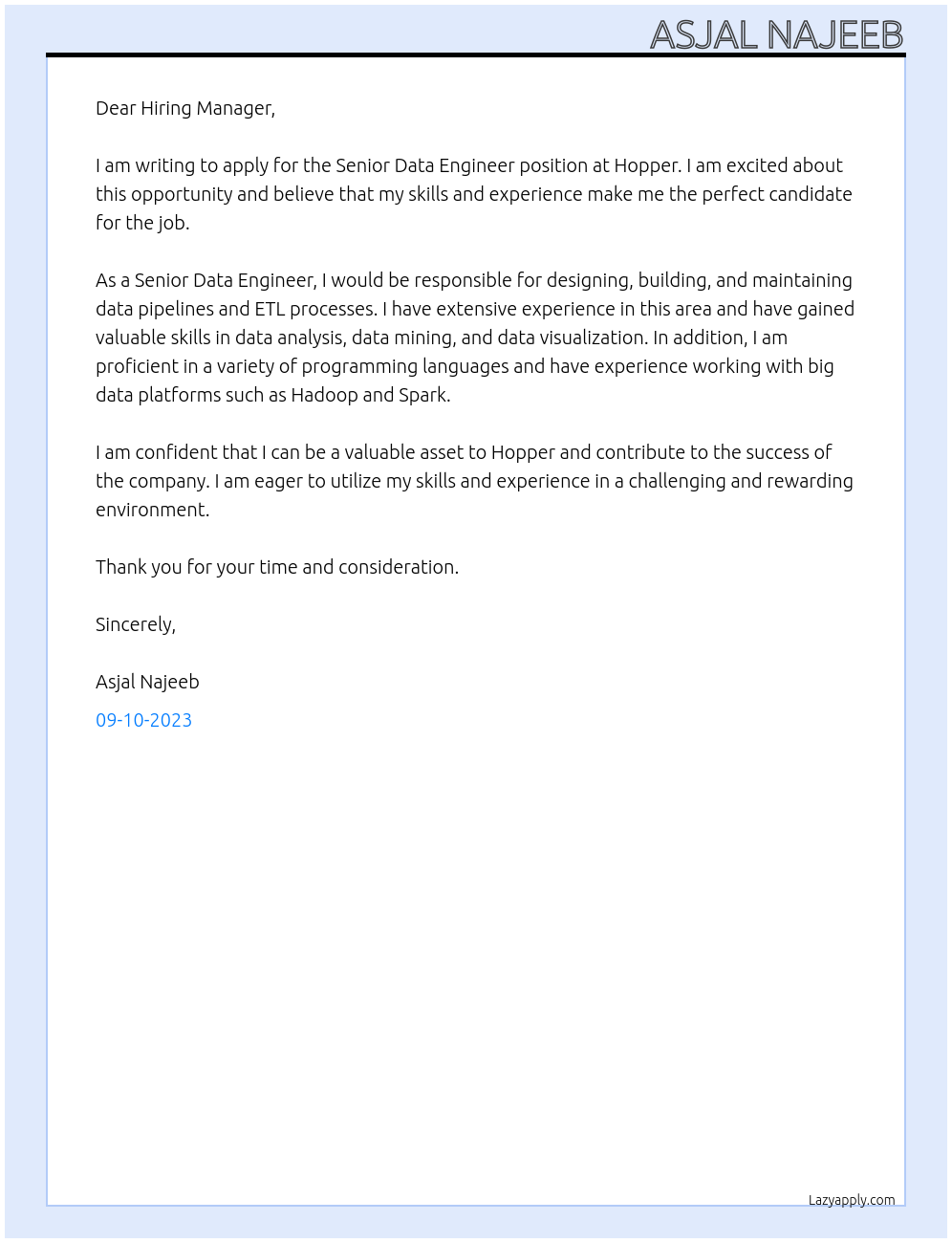 Senior Data Engineer At Hopper Cover Letter