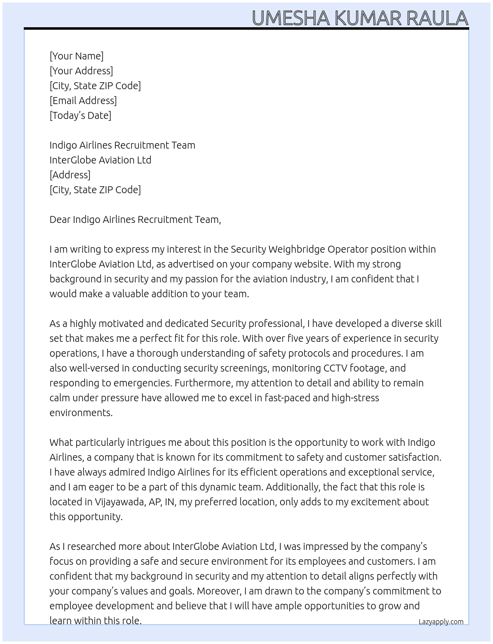 Cover letter for security weighbridge operator - LazyApply