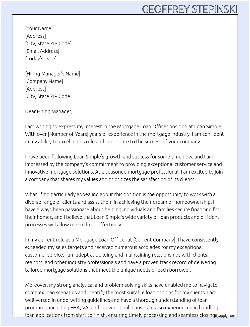 Mortgage Loan Officer At Loan Simple Cover Letter