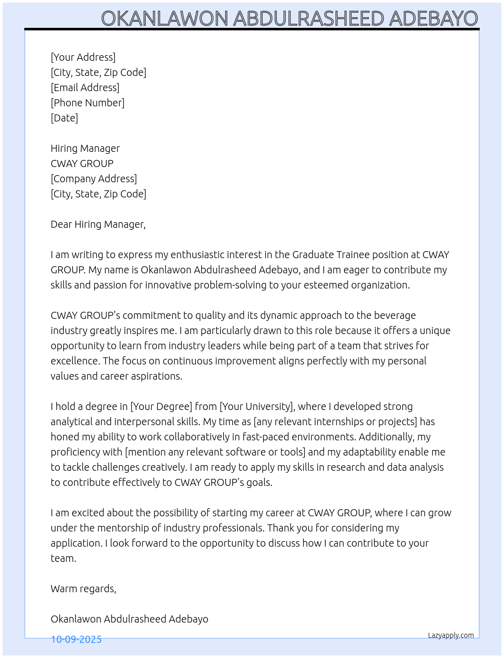 GRADUATE TRAINEE  At CWAY GROUP Cover Letter