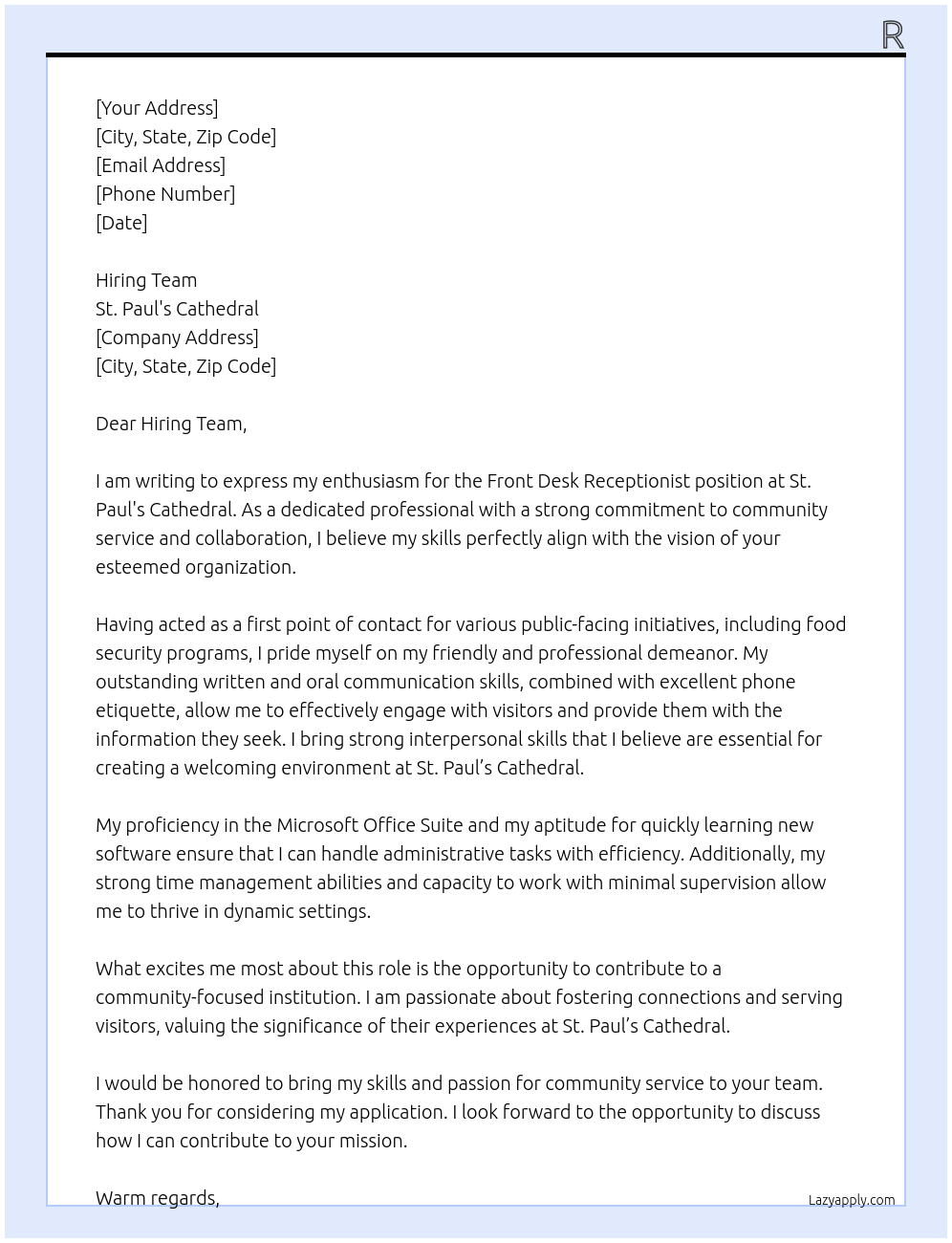 Front Desk Receptionist At St. Paul's Cathedral Cover Letter