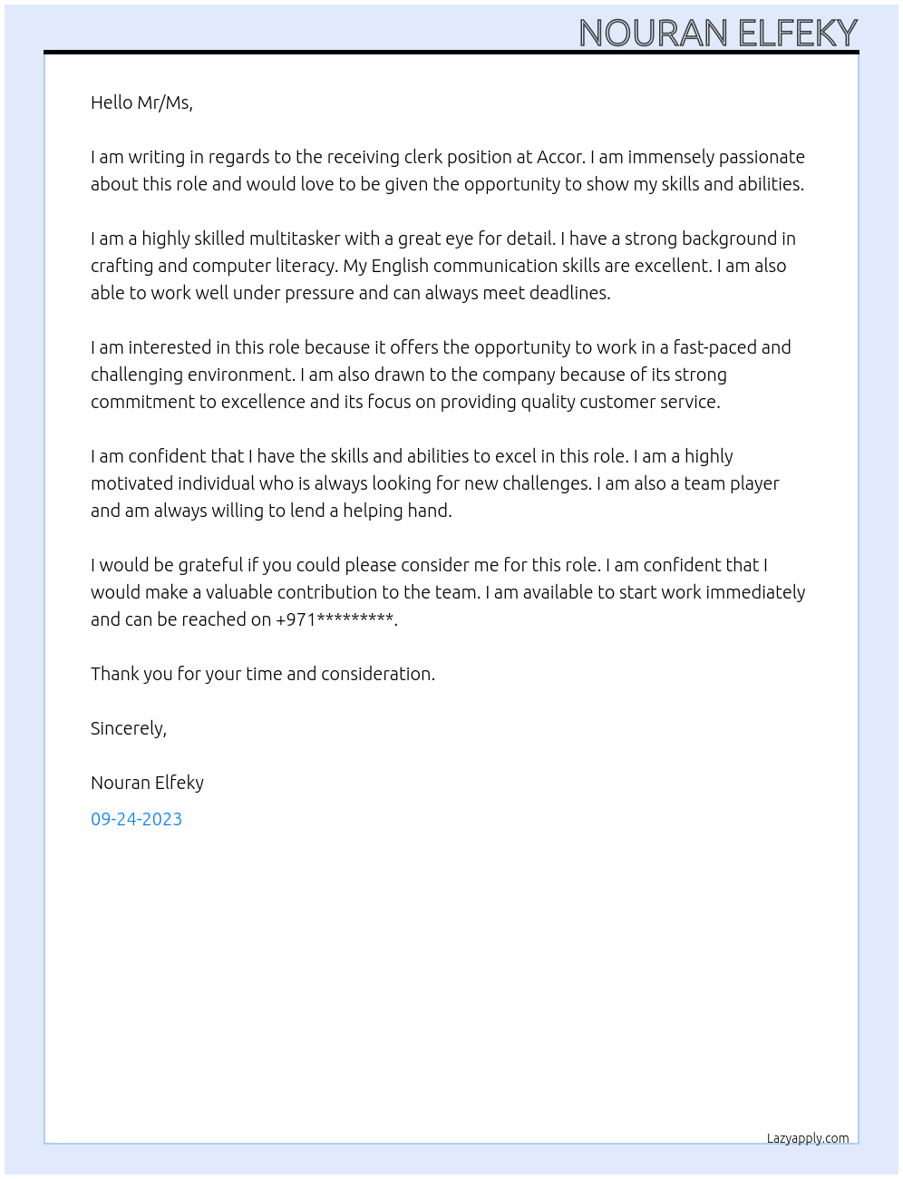 Receiving Clerk At Accor Cover Letter