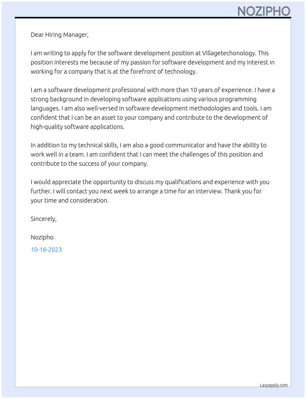 software development At Villagetechonology Cover Letter