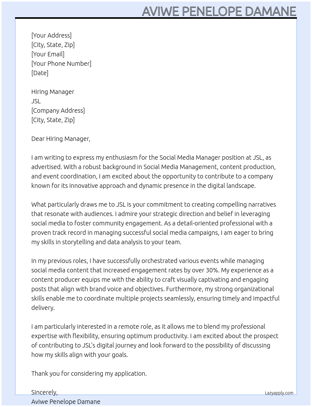 Social Media Manager At JSL Cover Letter