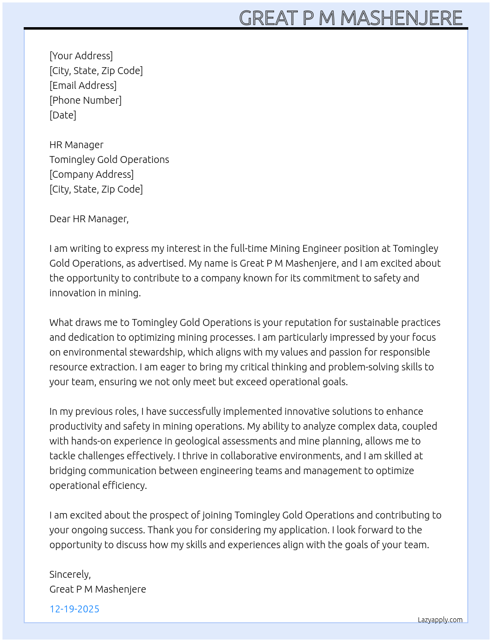 Cover letter for mining engineer - LazyApply