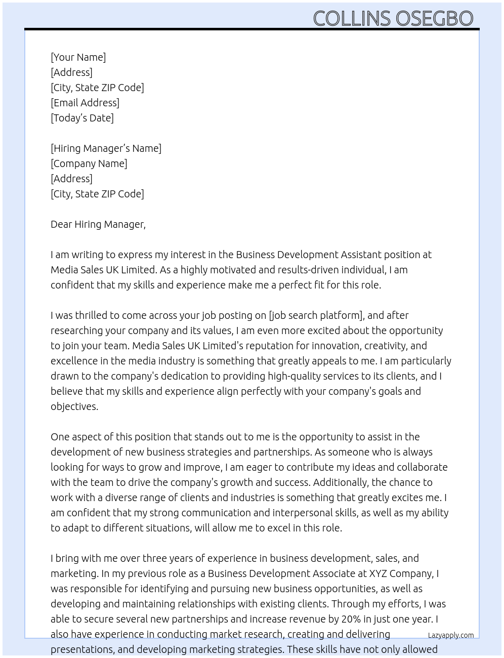  Business Development Assistant At Media Sales UK Limited  Cover Letter