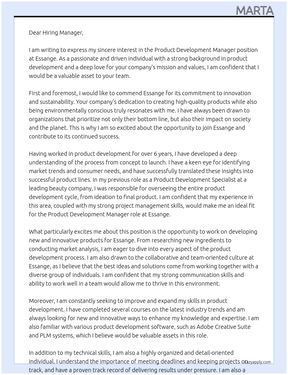 Product Development Manager At Essange Cover Letter