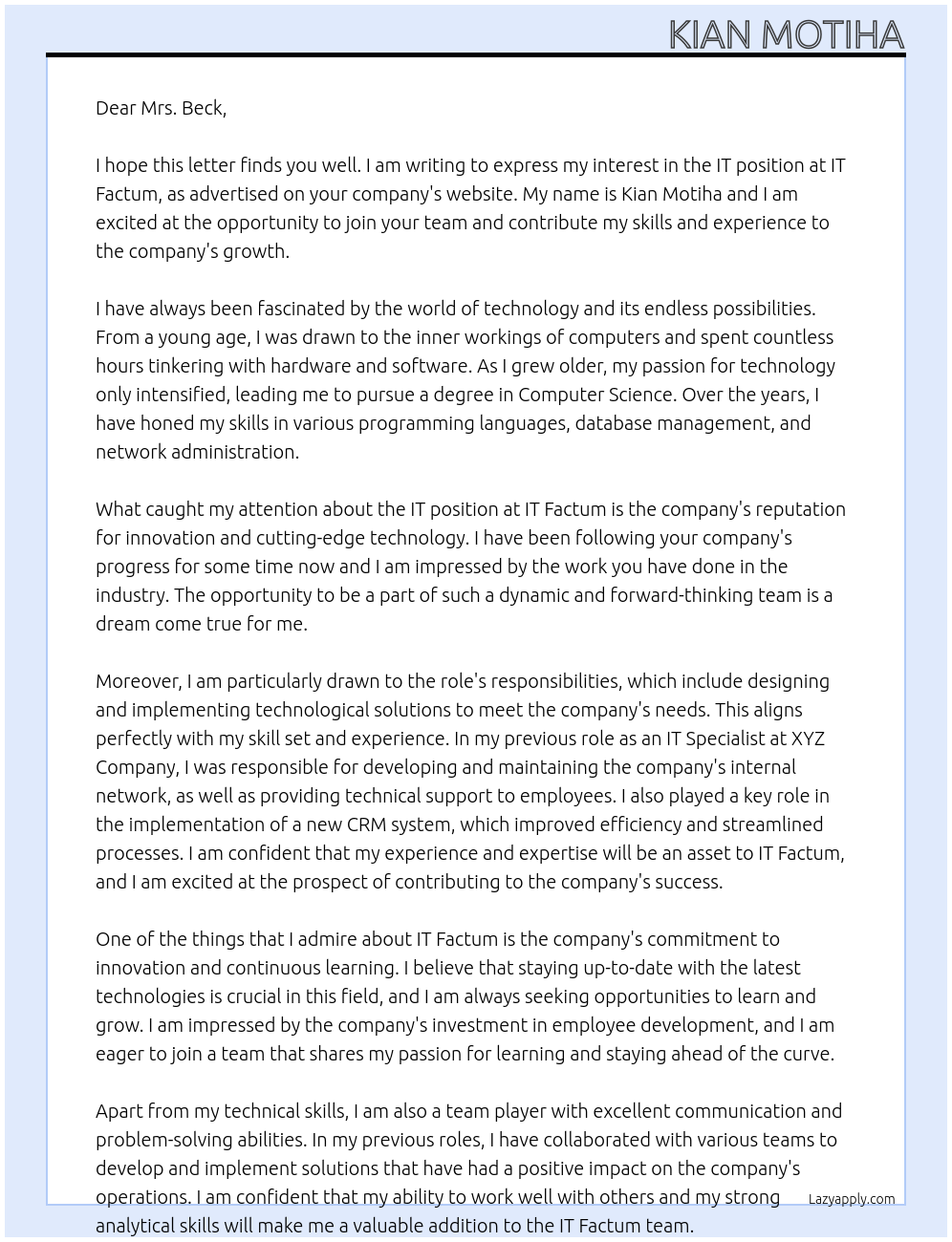 IT At it factum Cover Letter