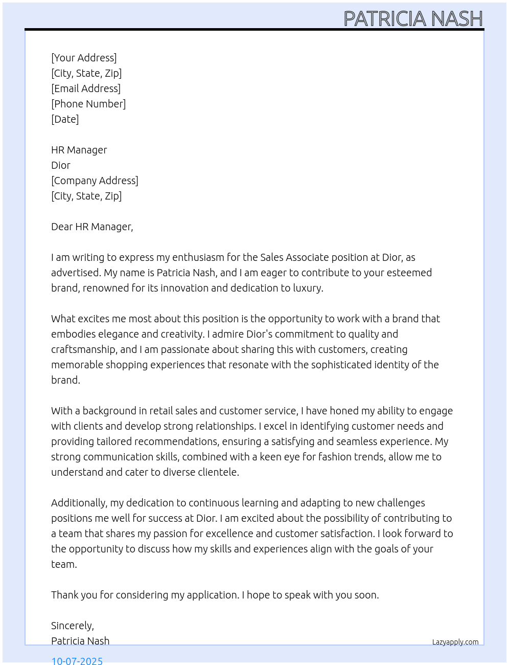 Sales Associate At Dior Cover Letter