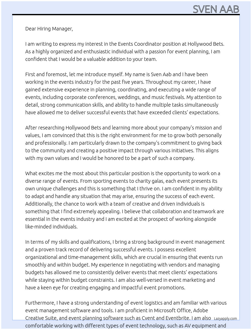 Events Coordinator At Hollywood Bets Cover Letter