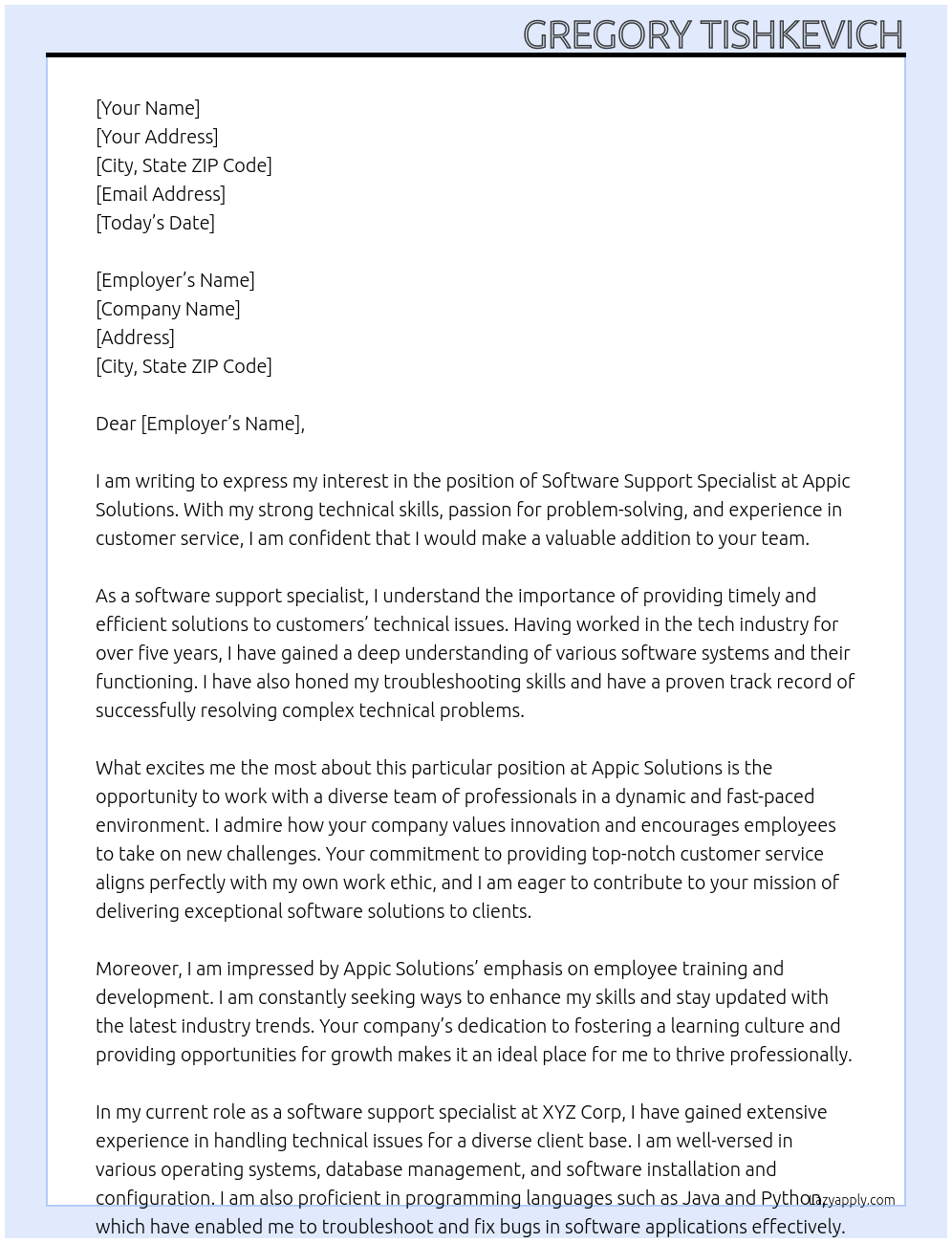 Software Support Specialist At Appic Solutions Cover Letter