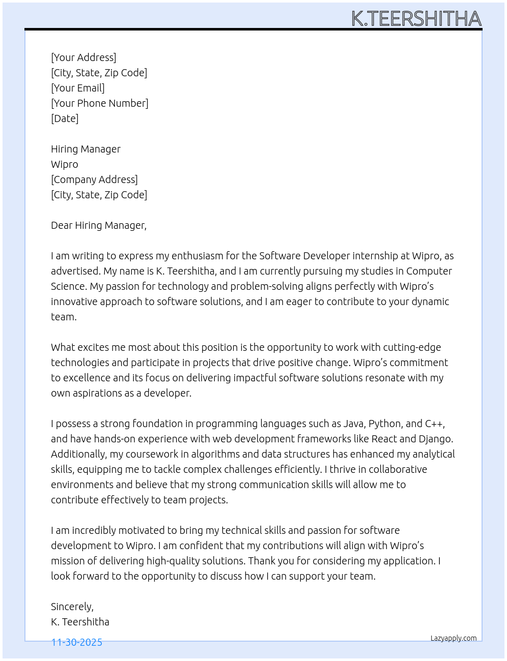 software developer At Wipro Cover Letter