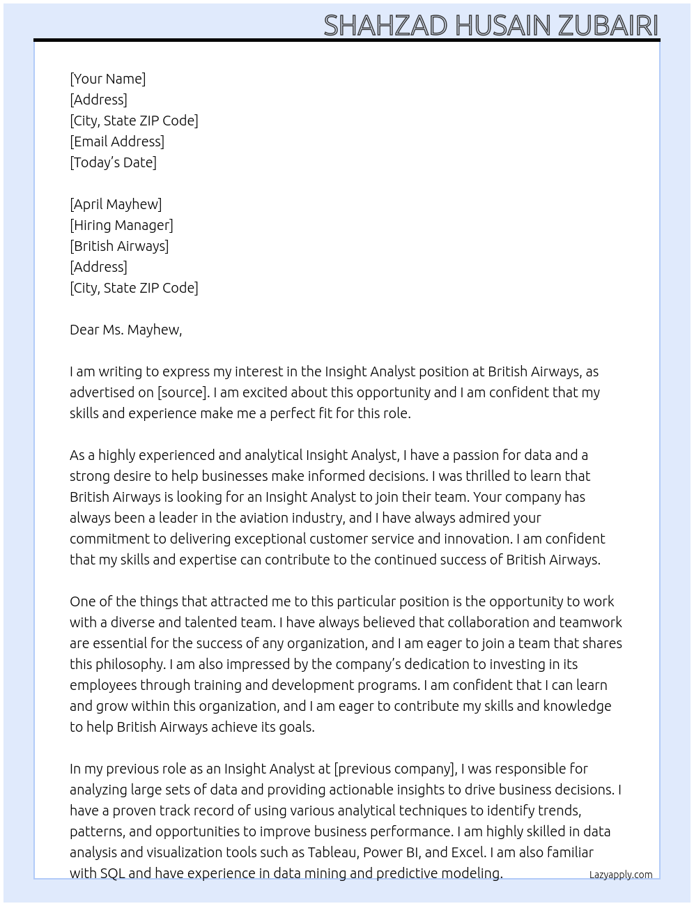 Cover letter for insight analyst - LazyApply